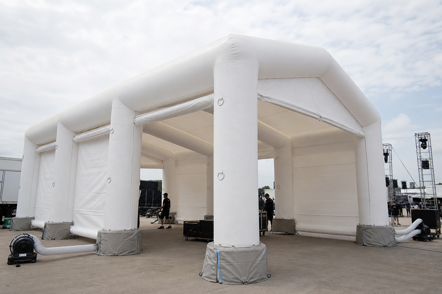 Large inflatable event structure installed in a commercial event setting