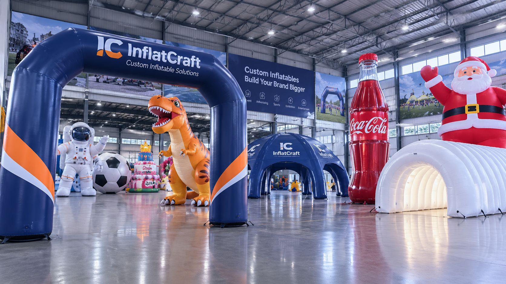 Inflatable products displayed across a factory showroom floor