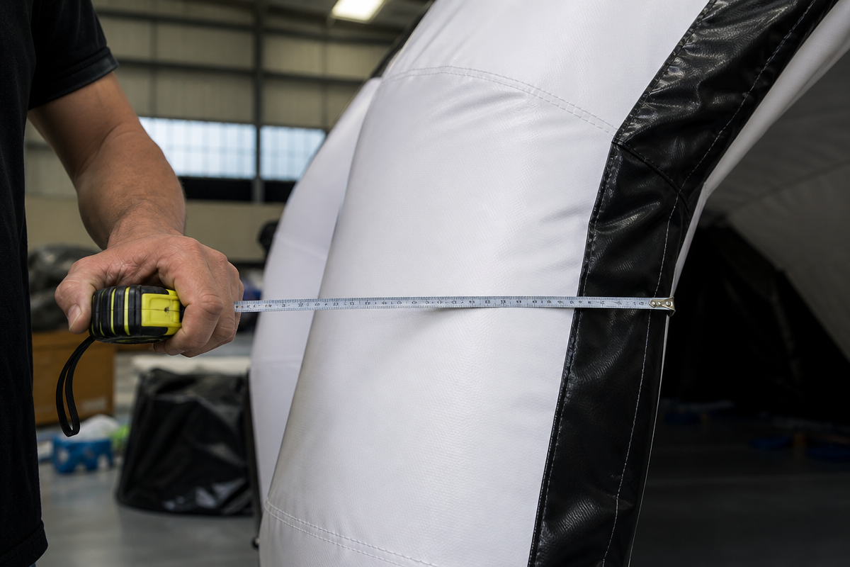 Factory technician measuring an inflatable arch panel