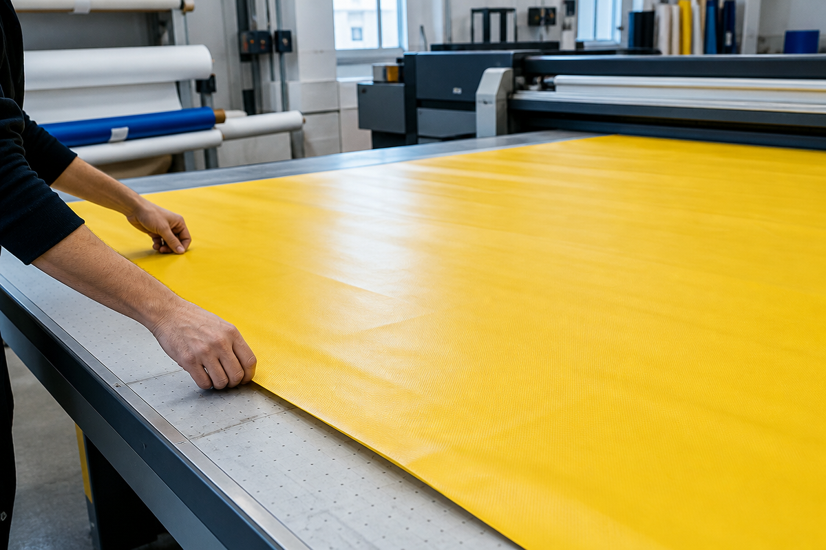 Technician preparing a yellow inflatable graphic material panel
