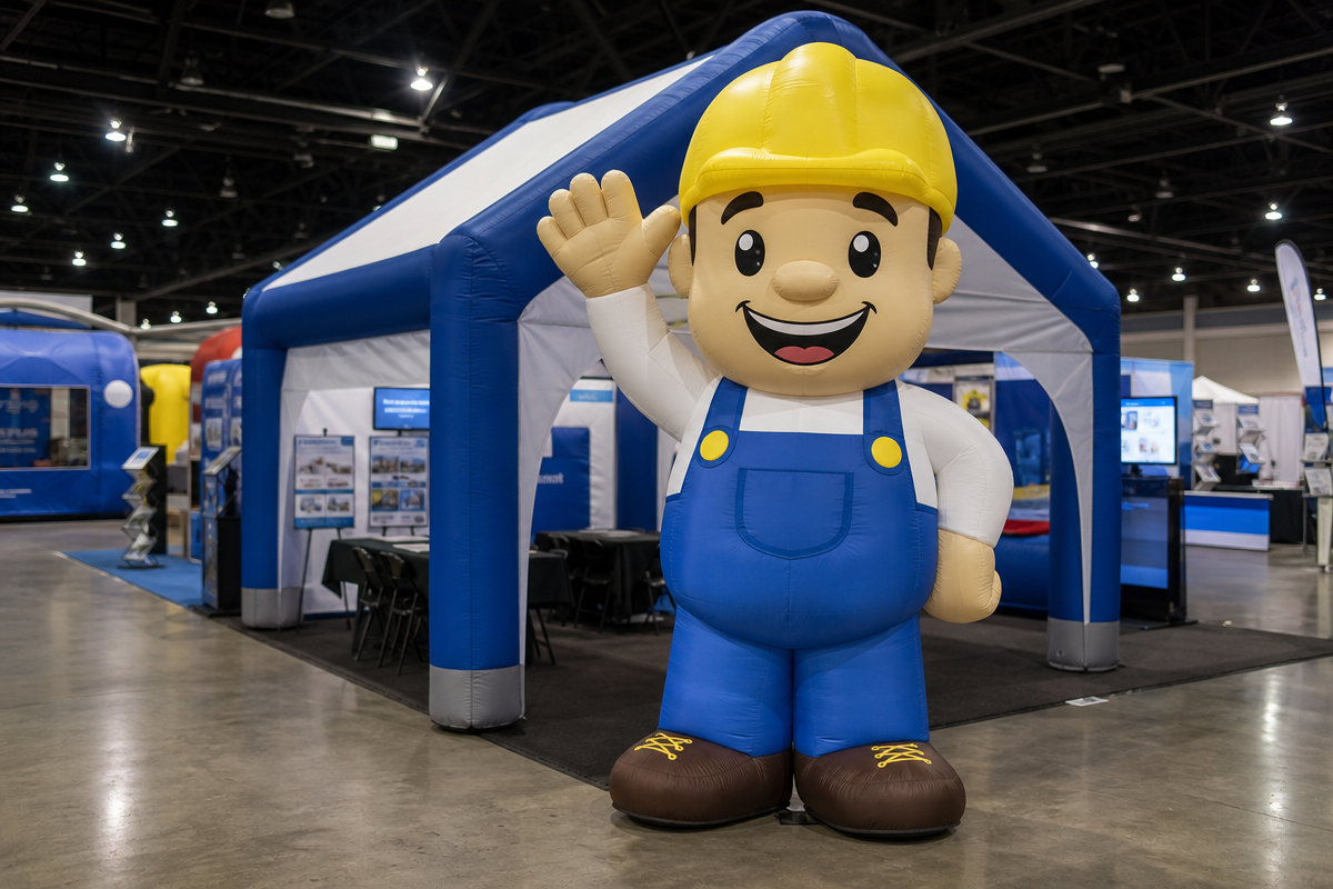 Illustrative mascot inflatable for a trade show booth
