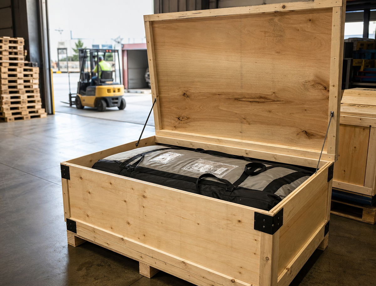 Packed custom inflatable prepared for export to a French project