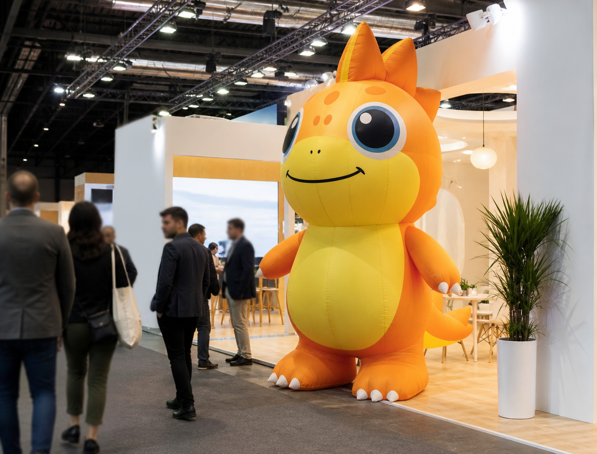 Custom inflatable mascot displayed at a trade show booth in Spain