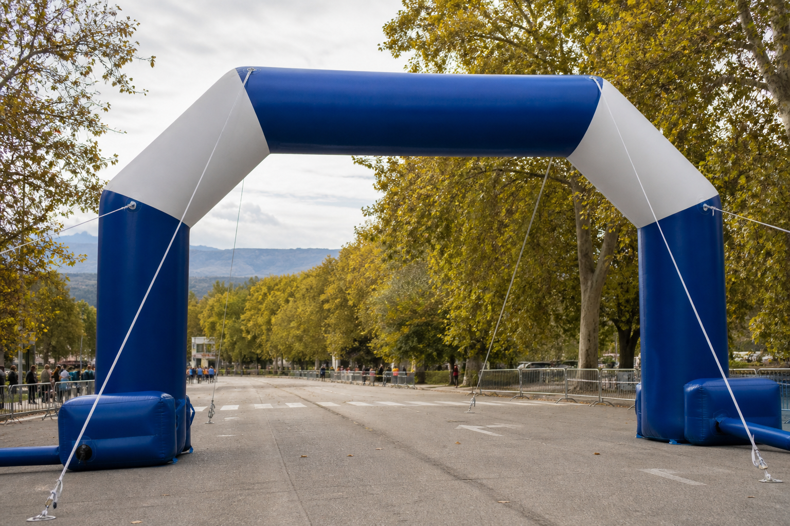 Custom inflatable finish line arch installed at an outdoor running event